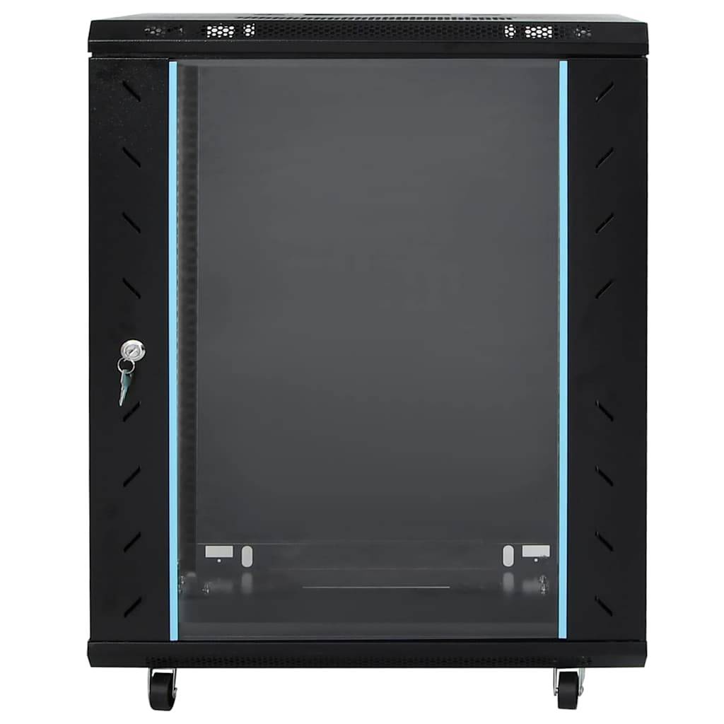 Ein schwarzes Serverrack-Gehäuse mit einer Glastür, Schloss und Lüftungslöchern steht auf Rollen für bessere Mobilität.
