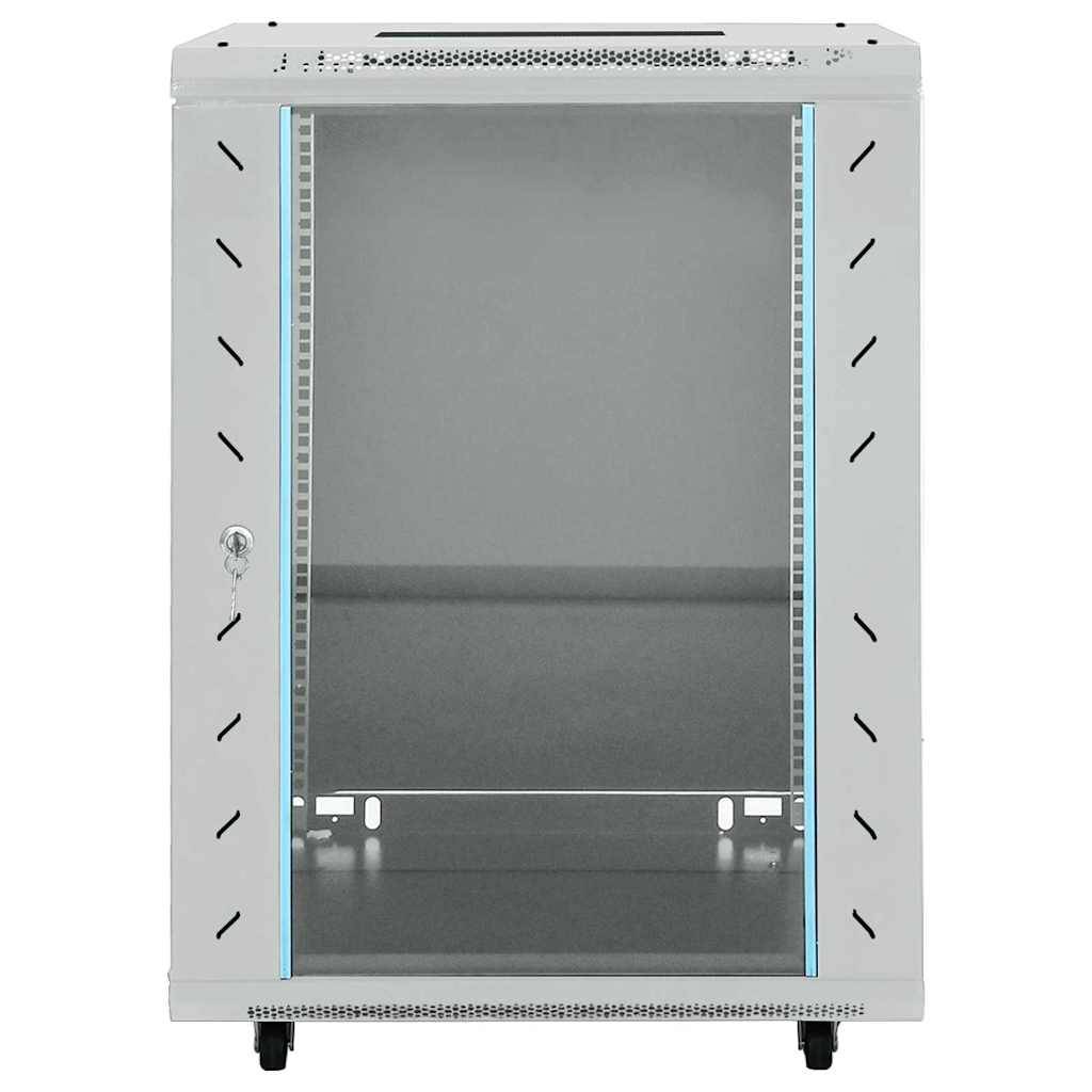Ein grauer Metallserver-Schrank mit Glastür und Schloss, auf Rollen stehend, entwickelt zur Organisation von Netzwerkausrüstung.