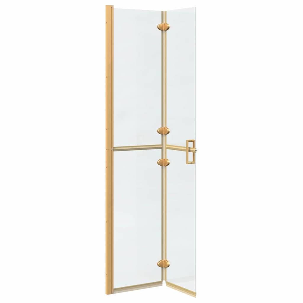 Eine transparente Glasdusche mit einem Holzrahmen und -griff, konzipiert für Eckinstallation.