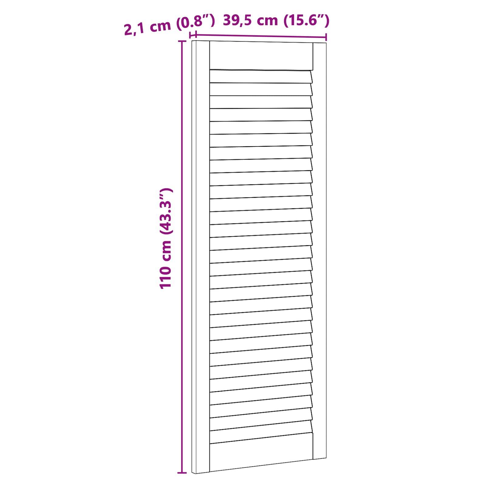 Diagramm eines Lamellenpanels mit den Maßen 110 cm × 39,5 cm × 2,1 cm, Abmessungen in Zentimetern und Zoll
