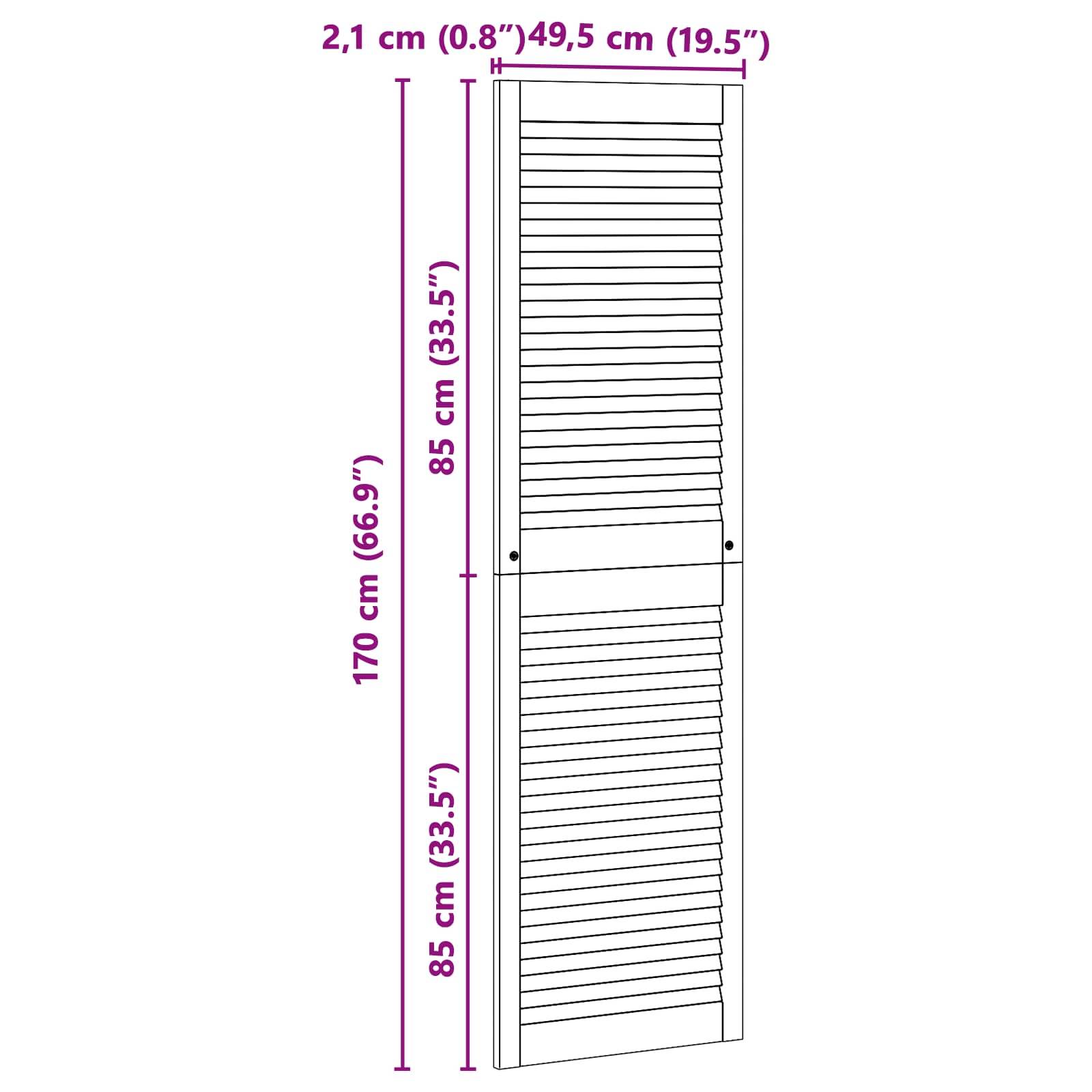Eine weiße Lamellentür mit Abmessungen: Höhe 170 cm (66,9 Zoll), Breite 49,5 cm (19,5 Zoll) und Dicke 2,1 cm (0,8 Zoll).