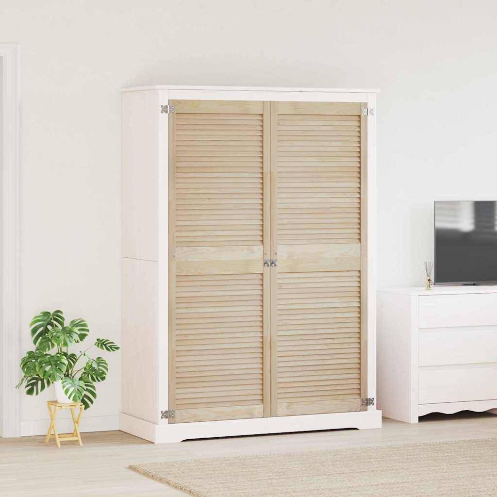 Ein modernes Wohnzimmer mit einem Holzschrank, einer weißen Kommode, einem Fernseher und einer Topfpflanze.