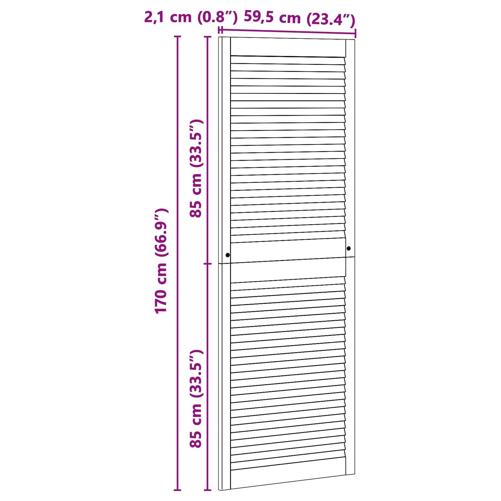 Lamellentür Abmessungen: 170 cm Höhe, 59,5 cm Breite, 2,1 cm Tiefe. Zwei Abschnitte: oben 85 cm, unten 85 cm. Messungen in Zoll in Klammern.
