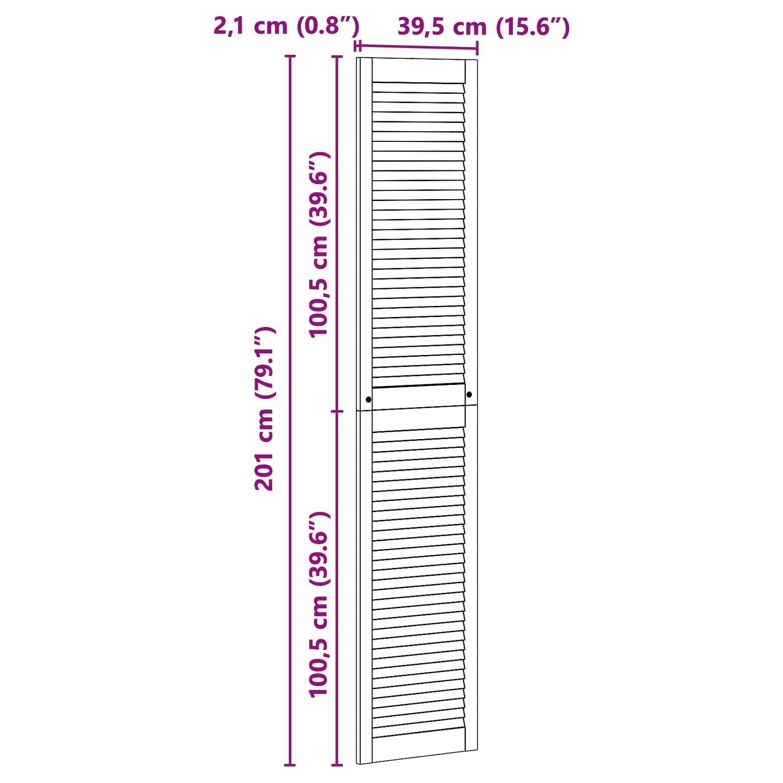 Hohe, schmale Lamellentür mit Schlitzdesign; Abmessungen sind 201 cm Höhe, 39,5 cm Breite und 2,1 cm Tiefe.