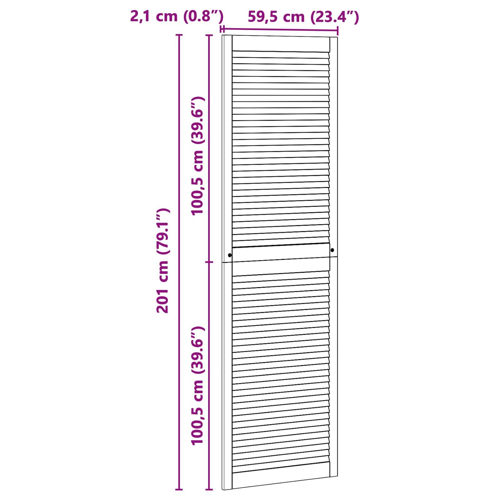 Eine Lamellentür mit folgenden Abmessungen: Höhe 201 cm (79,1 Zoll), Breite 59,5 cm (23,4 Zoll) und Tiefe 2,1 cm (0,8 Zoll).