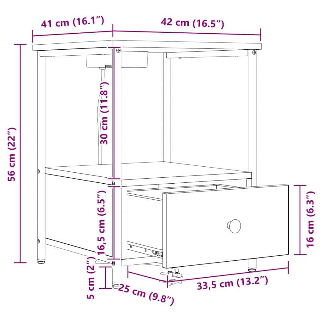 Montagezeichnung eines Nachttischs mit Maßen: Höhe 56 cm, Breite 41 cm, Tiefe 42 cm. Schublade: 16,5 cm Höhe, 33,5 cm Breite.