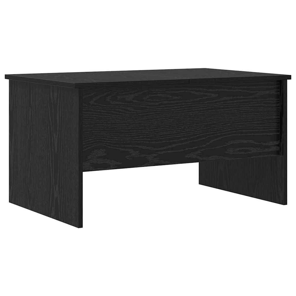 Ein schwarzer Holzschreibtisch mit einem schlichten, modernen Design, der eine große flache Arbeitsfläche und Seitenpaneele aufweist.