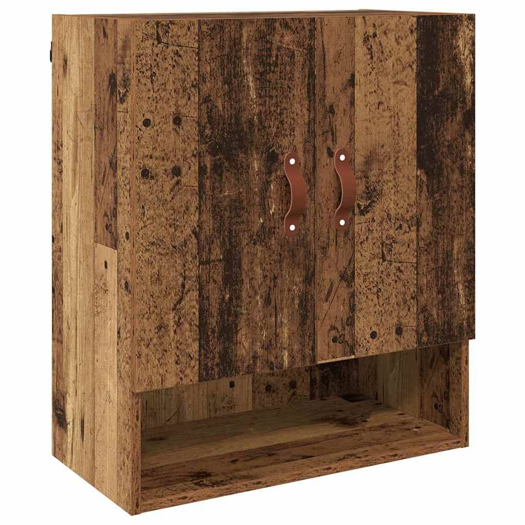 Ein Holzschrank mit rustikaler Oberfläche, ausgestattet mit zwei Türen mit Metallgriffen und einem offenen Regal am unteren Ende.
