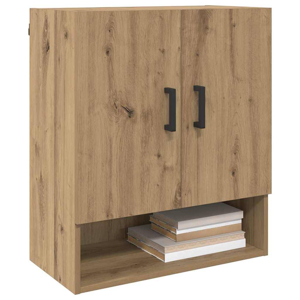 Holzschrank mit zwei Türen und schwarzen Griffen, der unten ein offenes Regal mit mehreren gestapelten Büchern aufweist. Geeignet zur Aufbewahrung.
