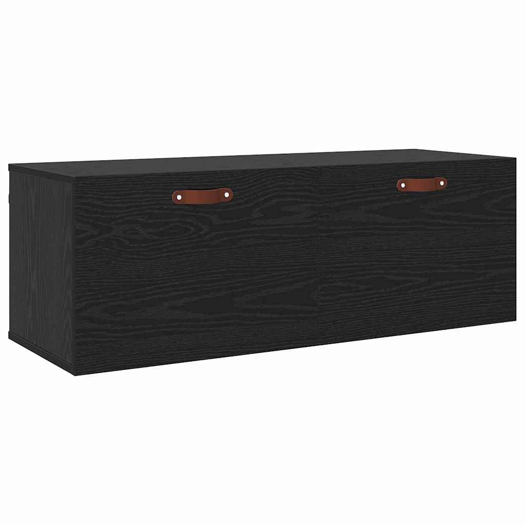 Eine schwarze rechteckige Holz-Wandaufbewahrungseinheit mit Ledergriffe oben, konzipiert für die Organisation von Haus oder Büro.