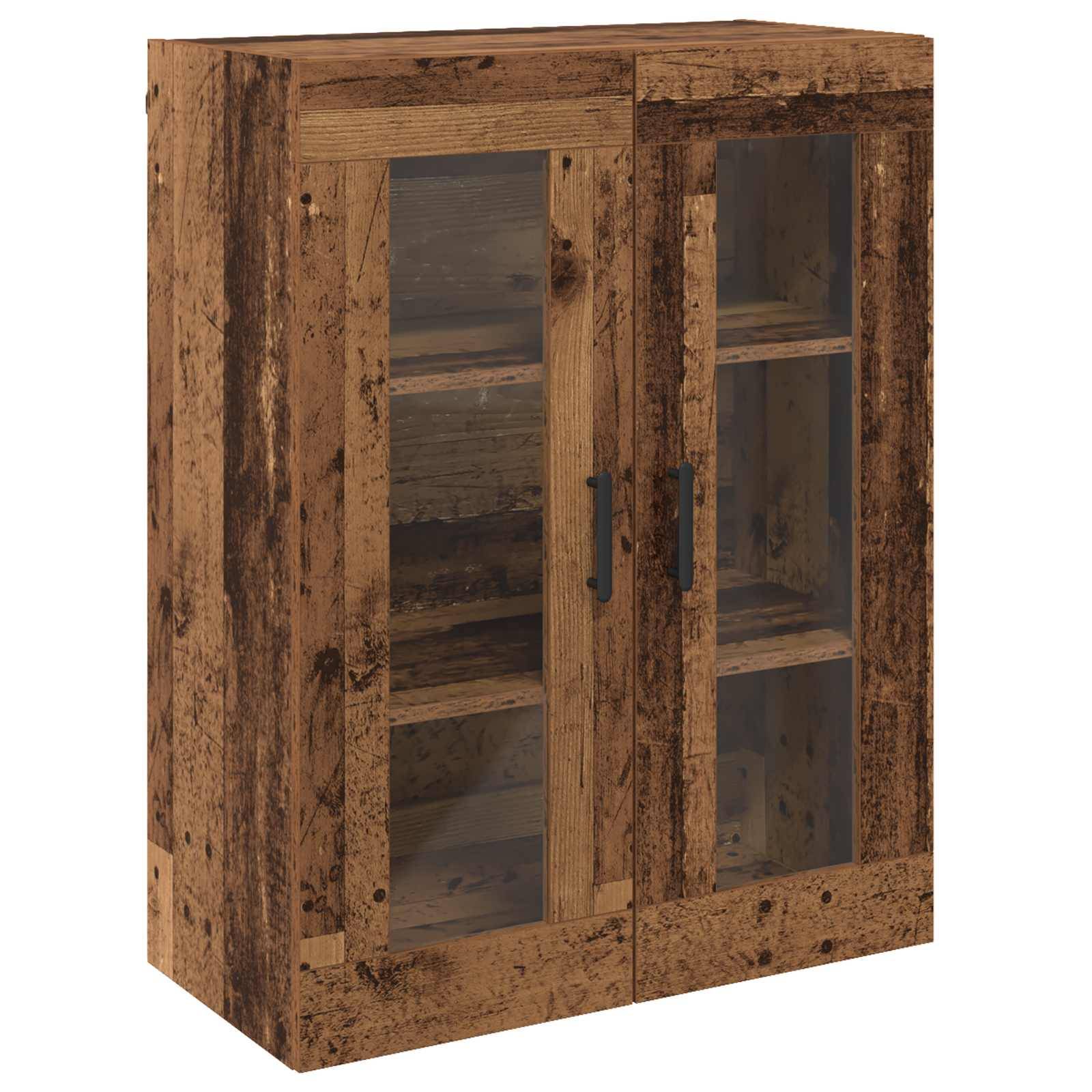 Rustikales Holz-Wandschrank mit zwei Glastüren, schwarzen Griffen und sichtbaren inneren Regalen.