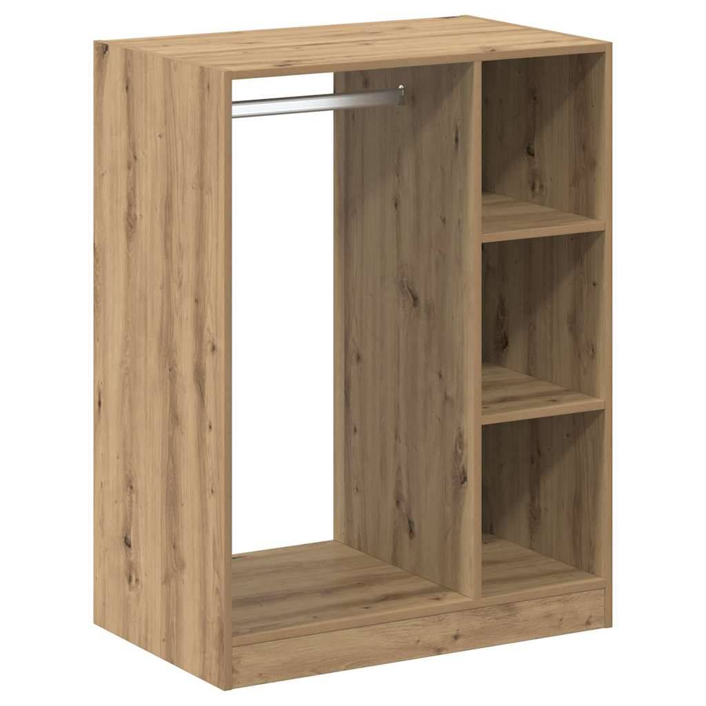 Ein Holzschrank mit einer Kleiderstange links und drei offenen Regalen rechts, geeignet zum Aufbewahren von Kleidung und Accessoires.