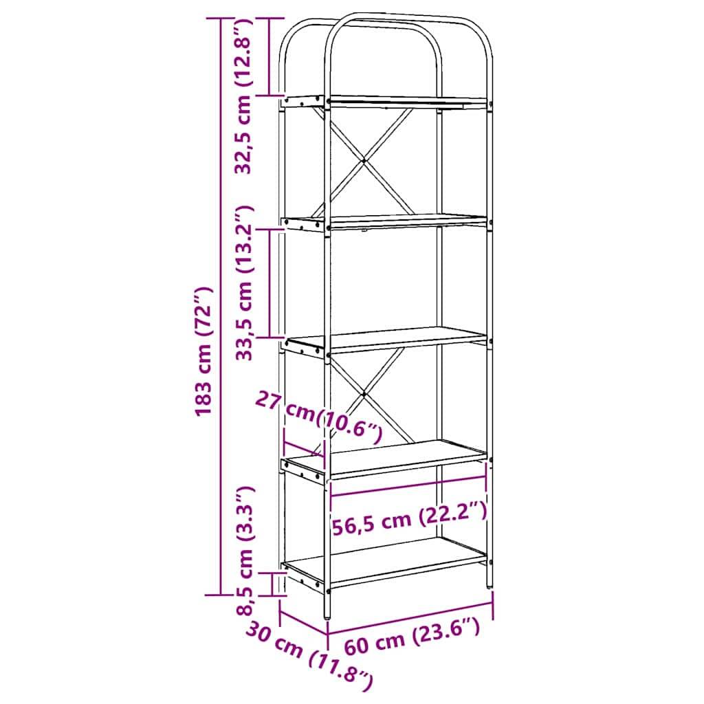 vidaXL Bücherregal Schwarz Eichen-Optik 60 x 30 x 183 cm Holzwerkstoff