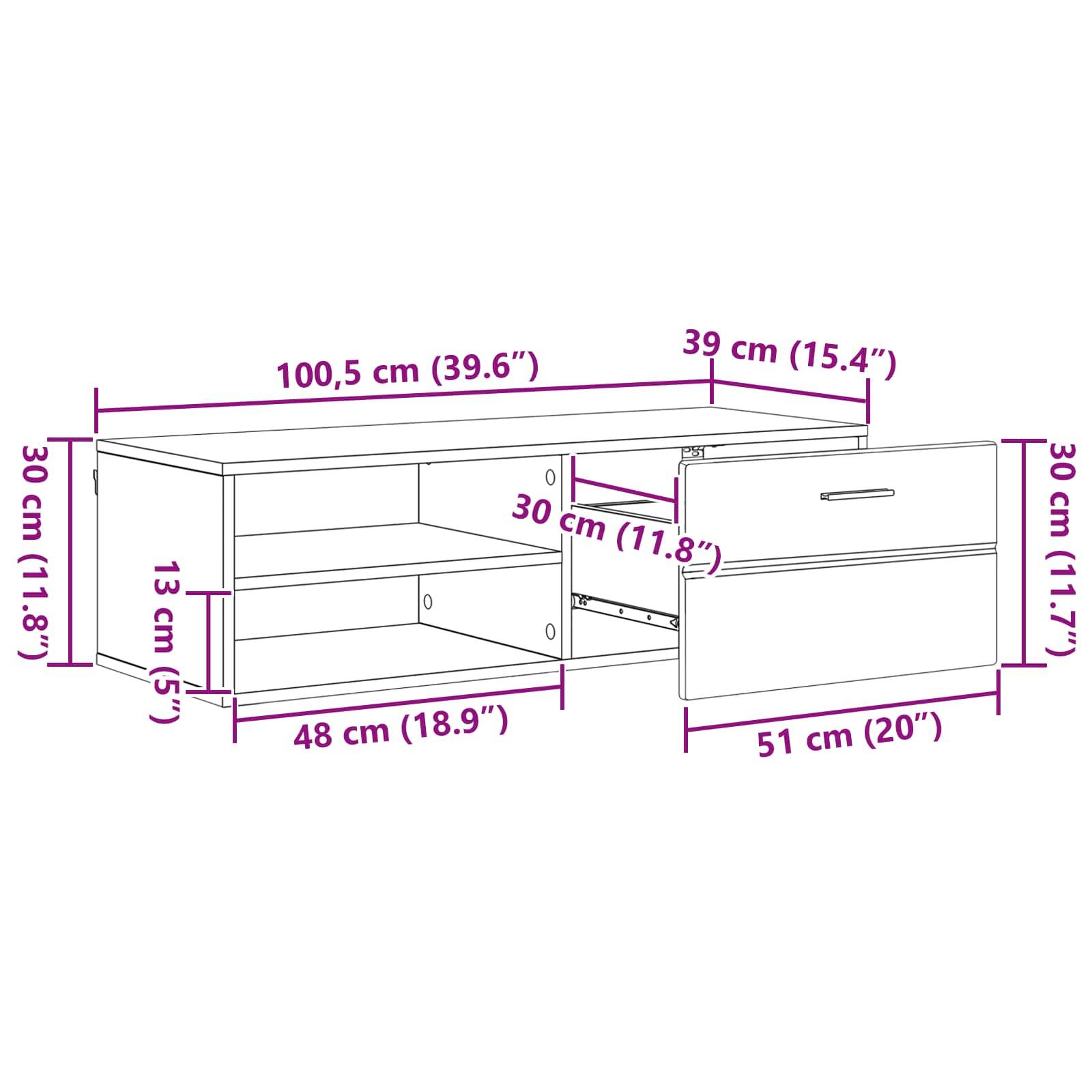 Darstellung eines Schranks mit Maßen: 100,5 cm breit, 30 cm hoch und 39 cm tief. Beinhaltet Regale und eine Schublade mit Maßangaben für jede Komponente.