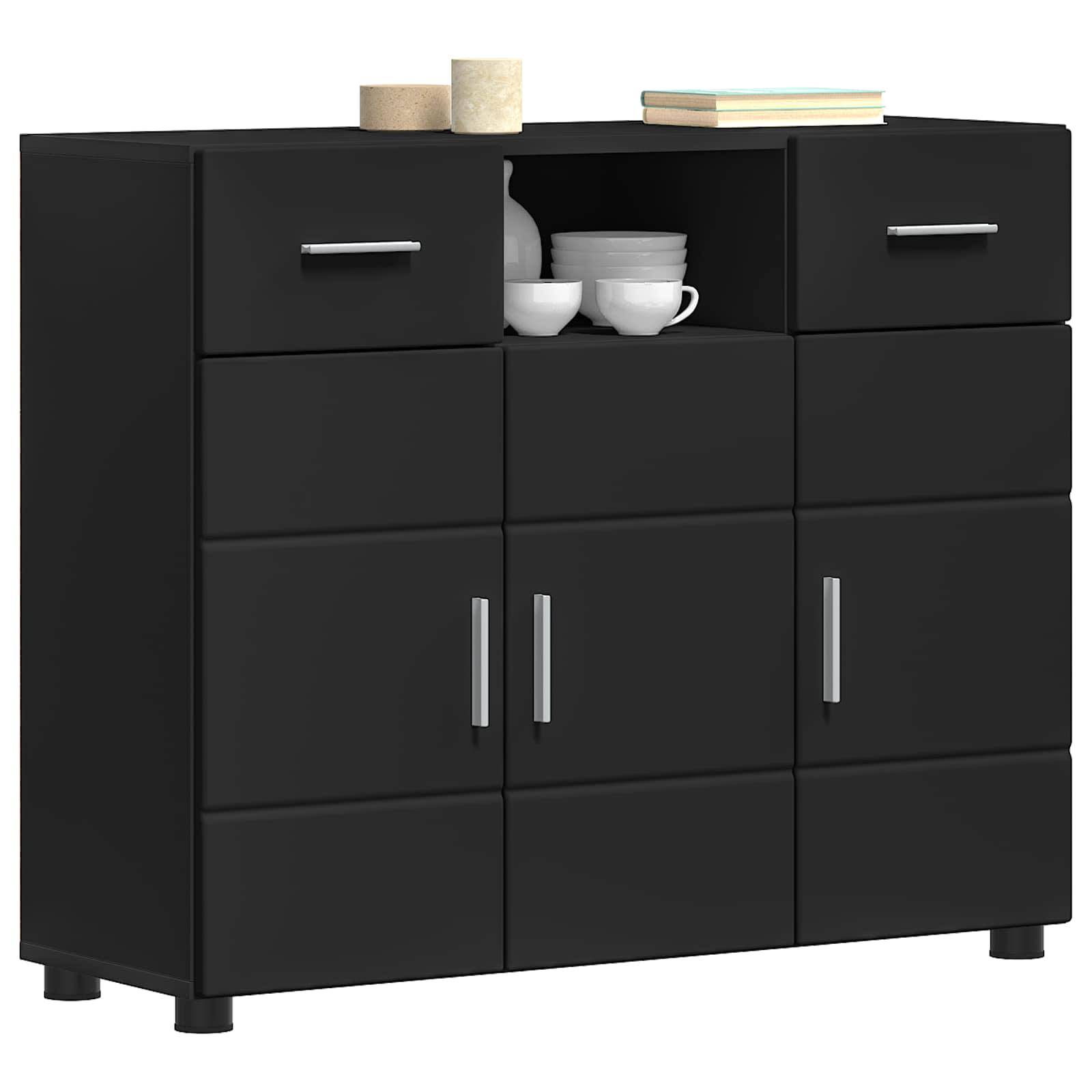 Schwarzes modernes Sideboard mit mehreren Schubladen und Türen, offenes Mittelfach mit weißem Geschirr gefüllt und Dekorationsgegenstände auf der Oberseite.