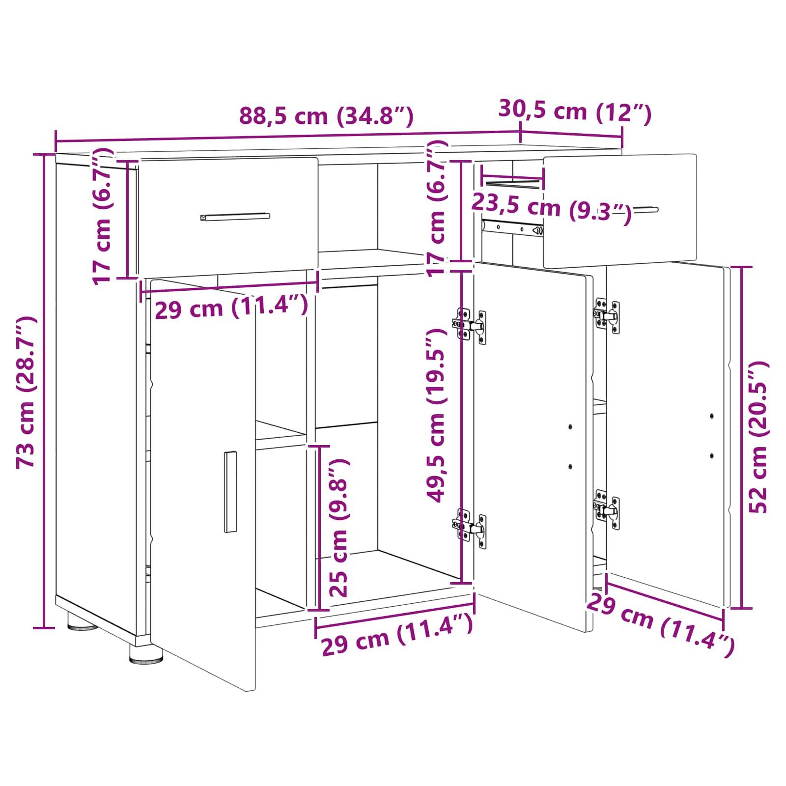 Maßstabgetreue Illustration eines weißen Badezimmerschranks mit Schubladen und zwei Türen, mit Gesamtabmessungen von 88,5 cm Breite, 73 cm Höhe, 30,5 cm Tiefe und Innenraummaßen.