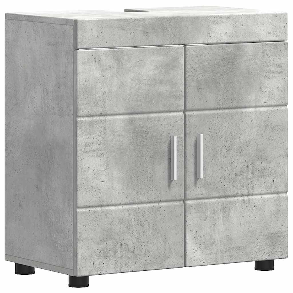 Ein kompaktes, modernes graues Badezimmerschrank mit zwei Türen und Chromgriffen, konzipiert für Stauraum unter dem Waschbecken.