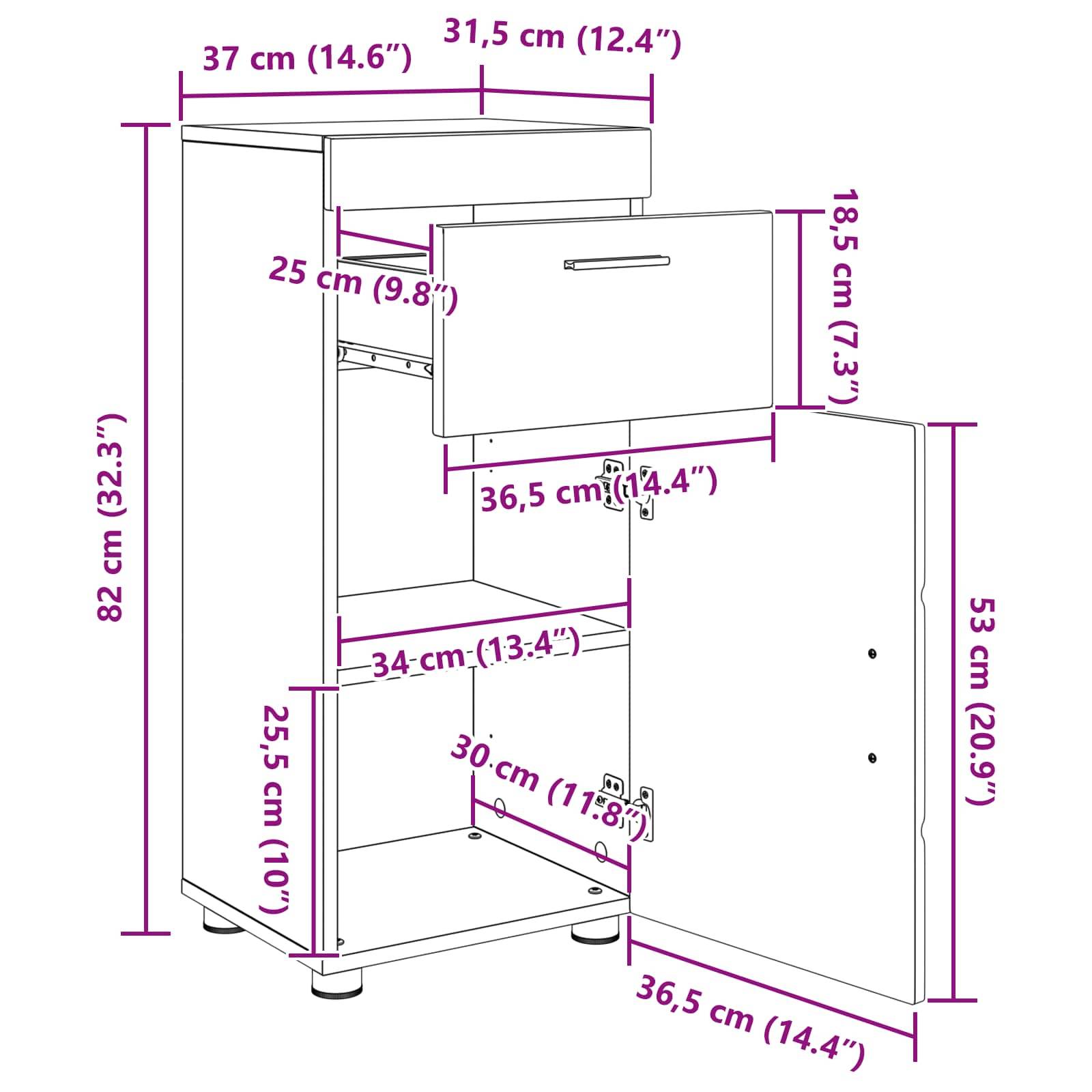 Schrank-Diagramm mit Maßangaben: Höhe 82 cm, obere Breite 31,5 cm, Tiefe 37 cm, Schubladen-Breite 36,5 cm, Schrankschrank-Höhe 53 cm.