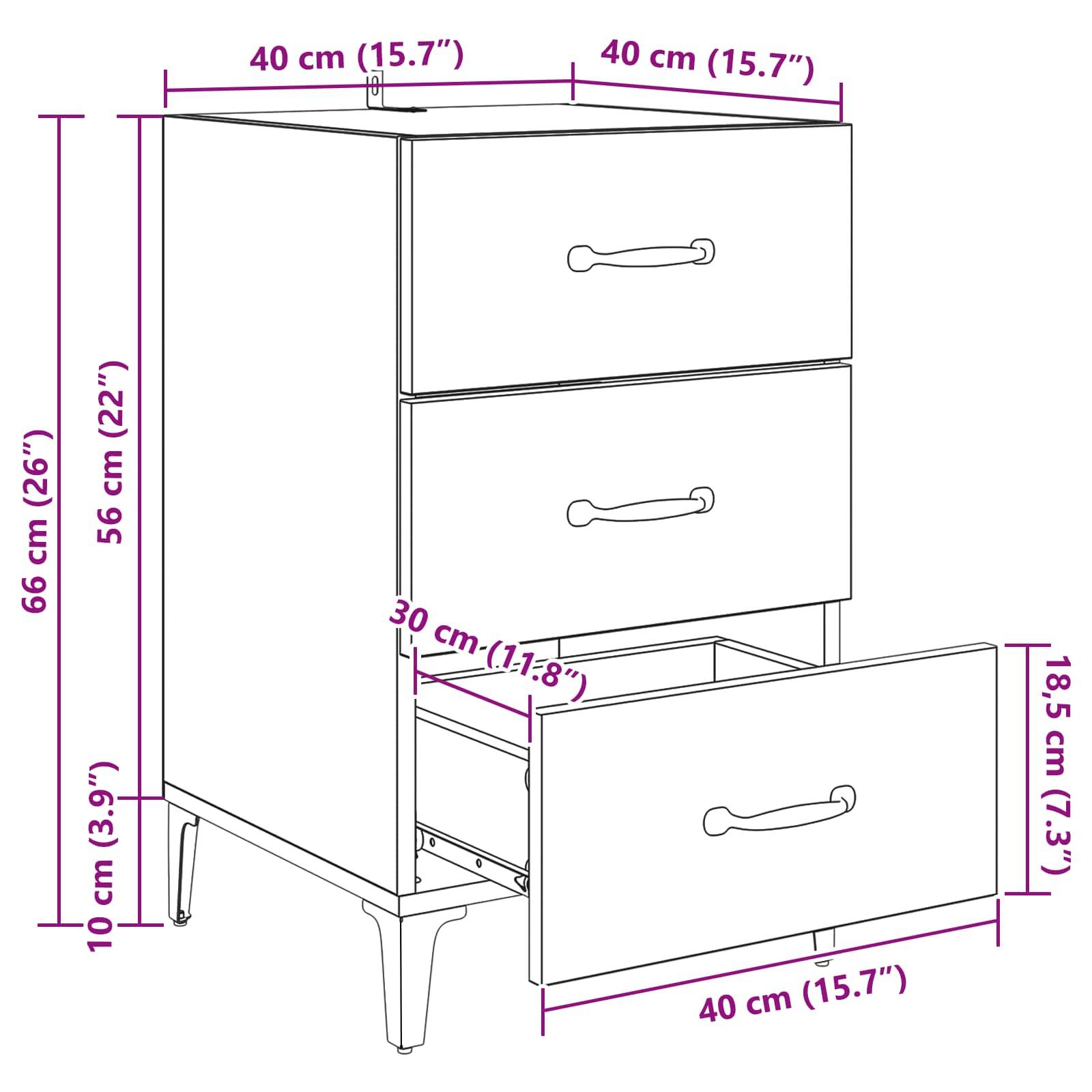 Eine technische Zeichnung einer Kommode mit drei Schubladen und detaillierten Maßangaben: Höhe 66 cm, Breite 40 cm, Tiefe 30 cm, mit spezifischen Schubladenabmessungen.