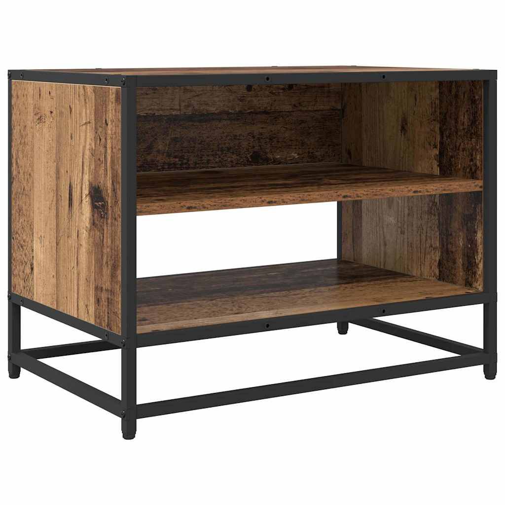 Ein hölzernes Regal mit schwarzem Metallrahmen, das zwei offene Ablagen aufweist und ein rustikales Design präsentiert.