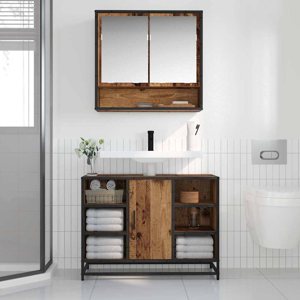 Modernes Badezimmer mit einem schwebenden Waschtisch, rechteckigem Spiegel und wandmontierter Toilette. Neutrale Töne mit dunklen Holzakzenten.