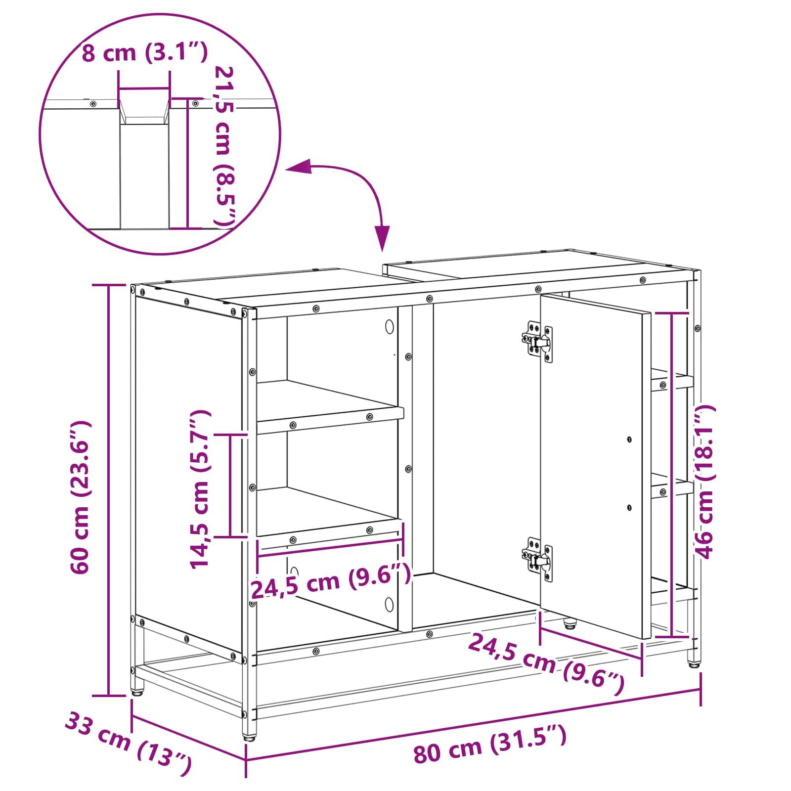Diagramm eines Schranks mit offenen Türen, mit Maßangaben: 80 cm (31,5