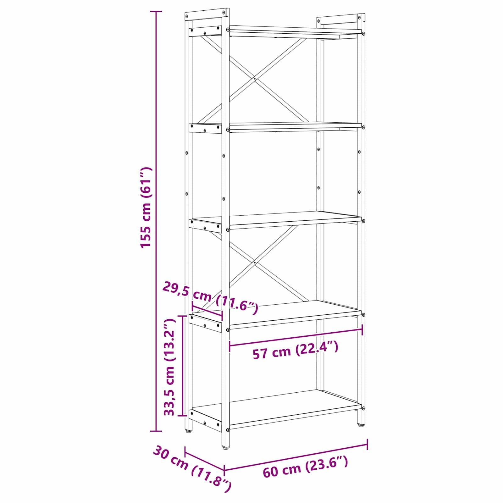 vidaXL Bücherregal Grau Sonoma 60 x 30 x 155 cm Holzwerkstoff
