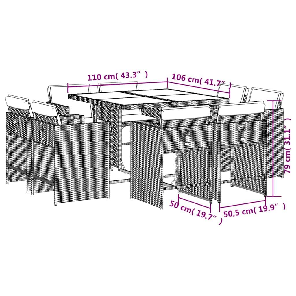 vidaXL 9-tlg. Garten-Essgruppe mit Kissen Beige Poly Rattan
