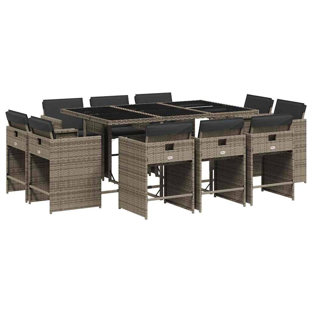 vidaXL 11-tlg. Garten-Essgruppe mit Kissen Grau Poly Rattan