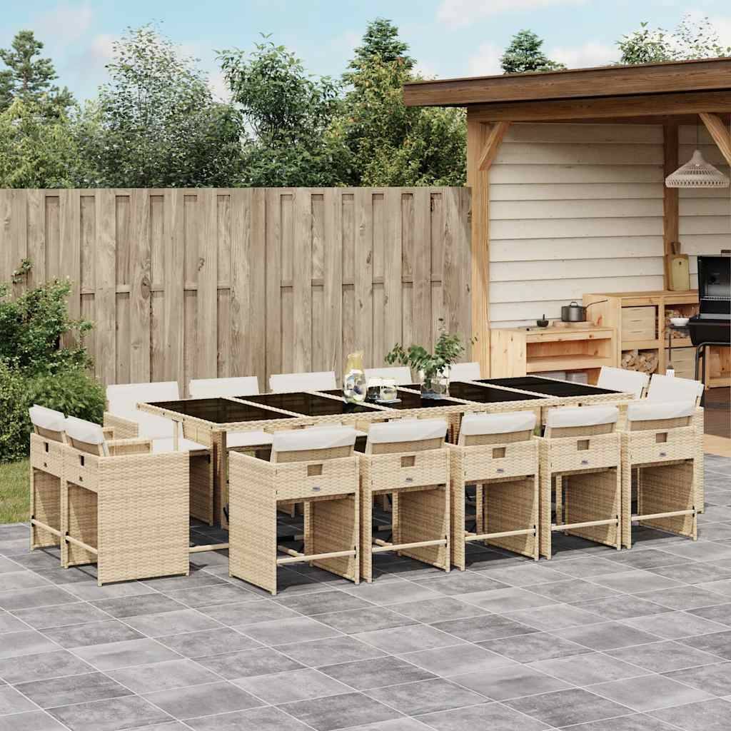 vidaXL 15-tlg. Garten-Essgruppe mit Kissen Beige Poly Rattan