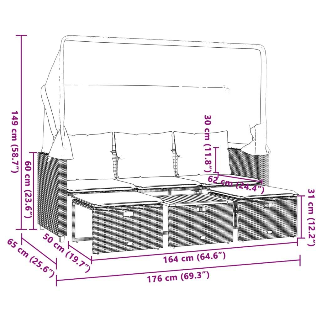 vidaXL Gartensofa 3-Sitzer mit Baldachin und Hockern Grau Poly Rattan