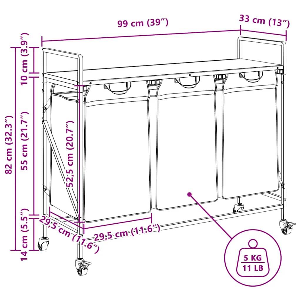 vidaXL Wäschekorb 3 Fächer mit Rollen Sonoma Eiche