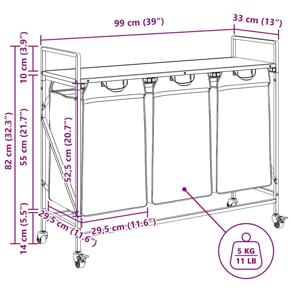 vidaXL Wäschekorb 3 Fächer mit Rollen Grau Sonoma