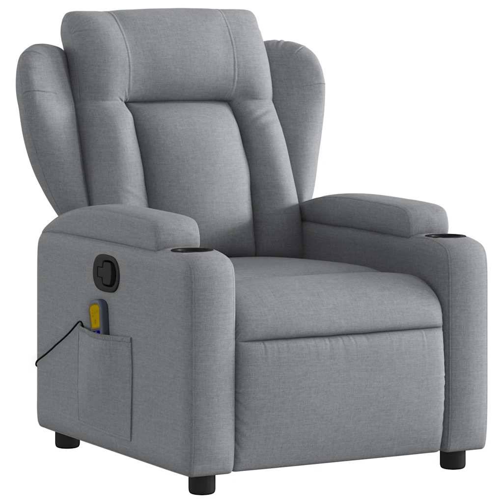 Ein grauer Relax-Sessel mit gepolsterten Armlehnen, hoher Rückenlehne und einer seitlichen Tasche. Der Sessel verfügt über einen Hebel zum Zurücklehnen und ist mit einem hellgrauen Stoffbezug versehen.