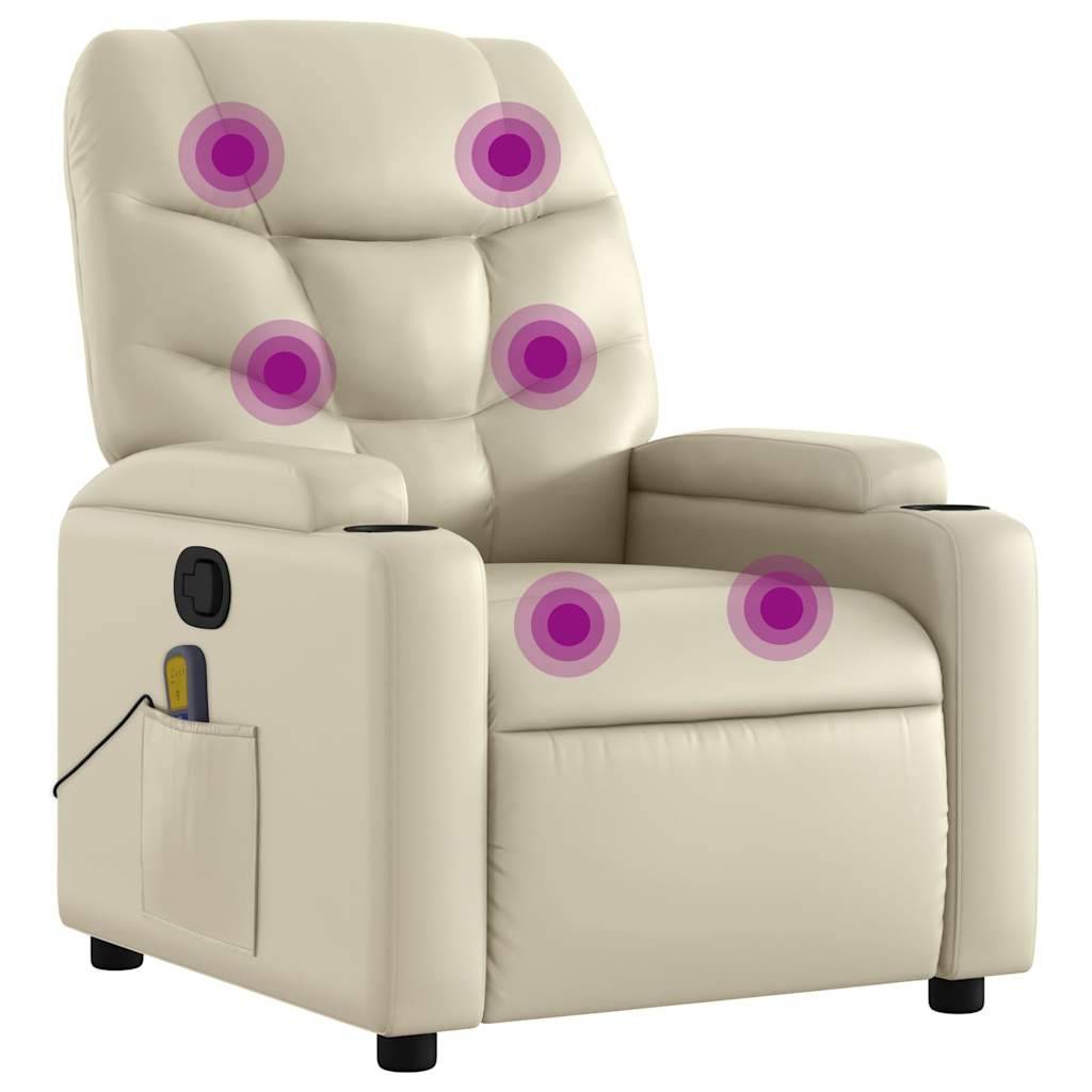Relaxsessel mit sichtbaren Massageknoten, die in Lila hervorgehoben sind, mit einer Darstellung von sechs Massagepositionen und einer seitlichen Tasche.