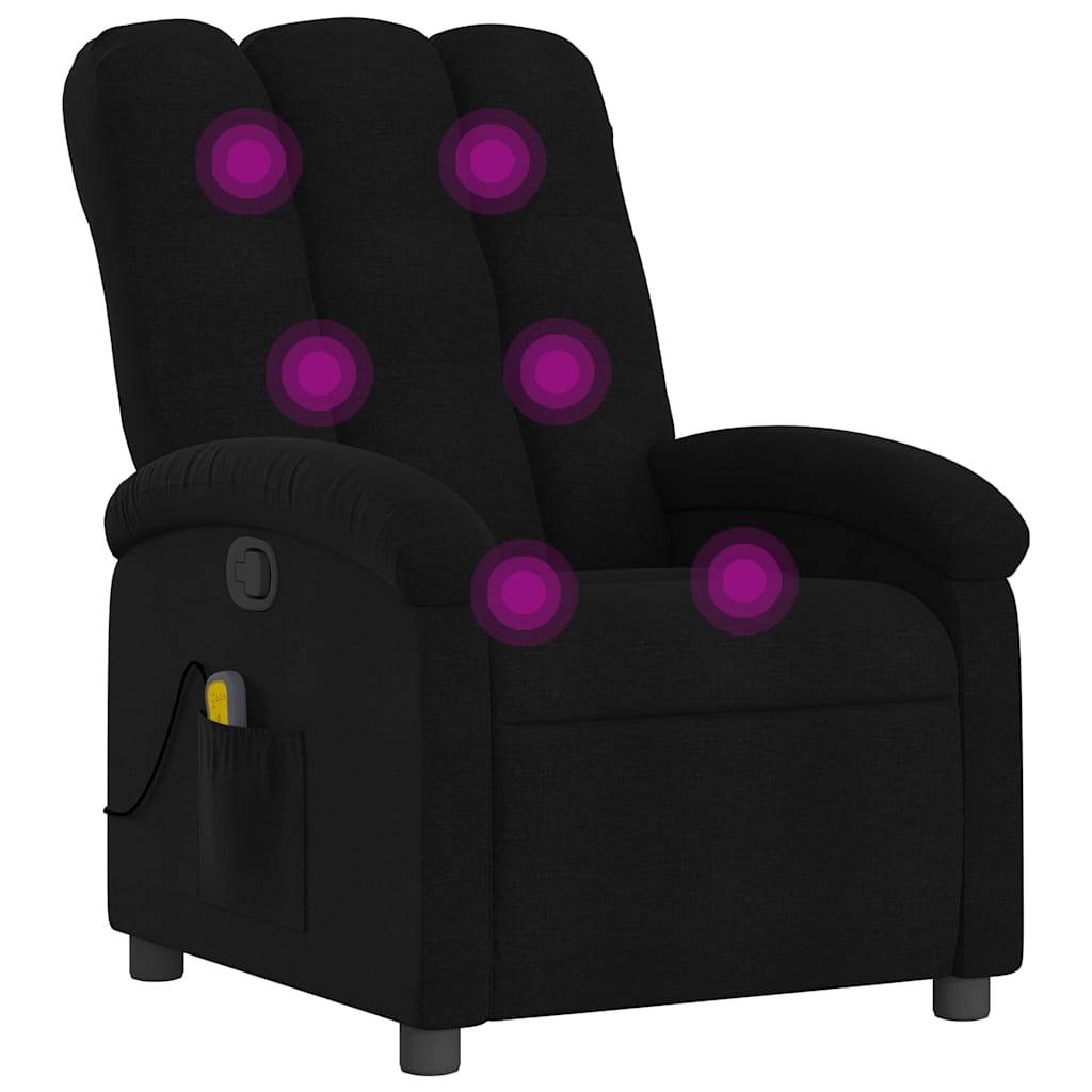 Relaxsessel mit sechs Massageknoten, die in Lila hervorgehoben sind und die Positionen der Massagefunktion anzeigen. Fernbedienung in der Seitentasche.