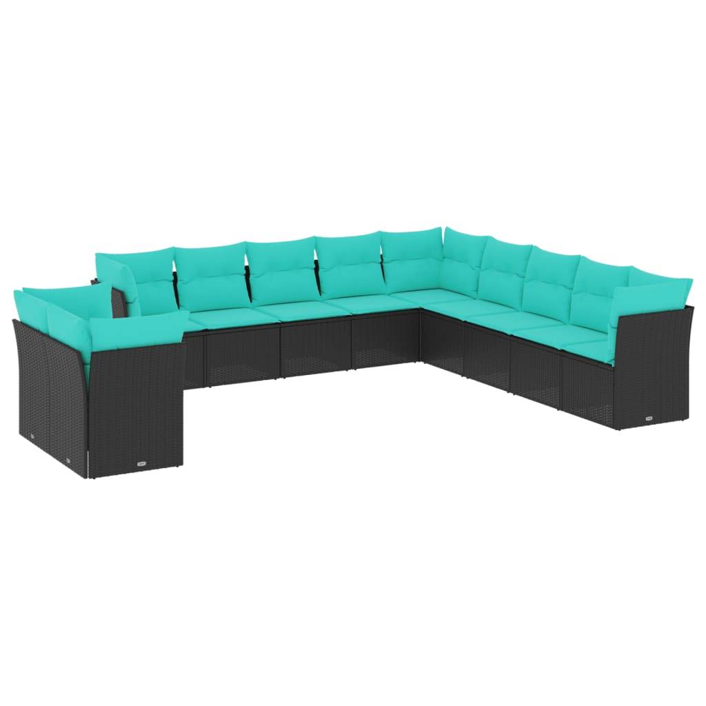 vidaXL 11-teiliges Gartensofa-Set mit Kissen, schwarzes Polyrattan