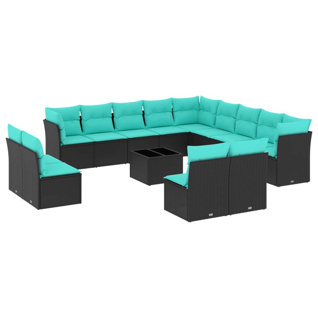 vidaXL 14-teiliges Gartensofa-Set mit Kissen, schwarzes Polyrattan