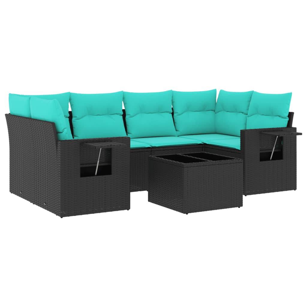 vidaXL 7-teiliges Gartensofa-Set mit Kissen, schwarzes Polyrattan