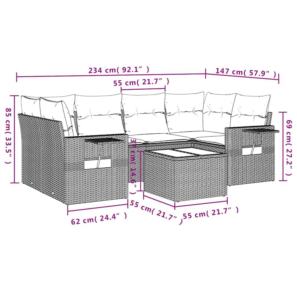 vidaXL 7-teiliges Gartensofa-Set mit Kissen, schwarzes Polyrattan