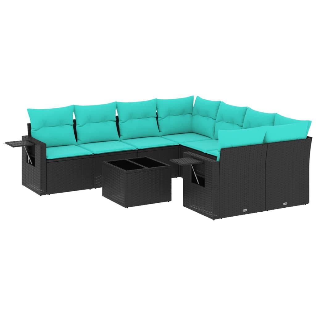 vidaXL 9-teiliges Gartensofa-Set mit Kissen, schwarzes Polyrattan