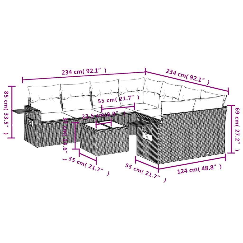 vidaXL 9-teiliges Gartensofa-Set mit Kissen, braun, Polyrattan