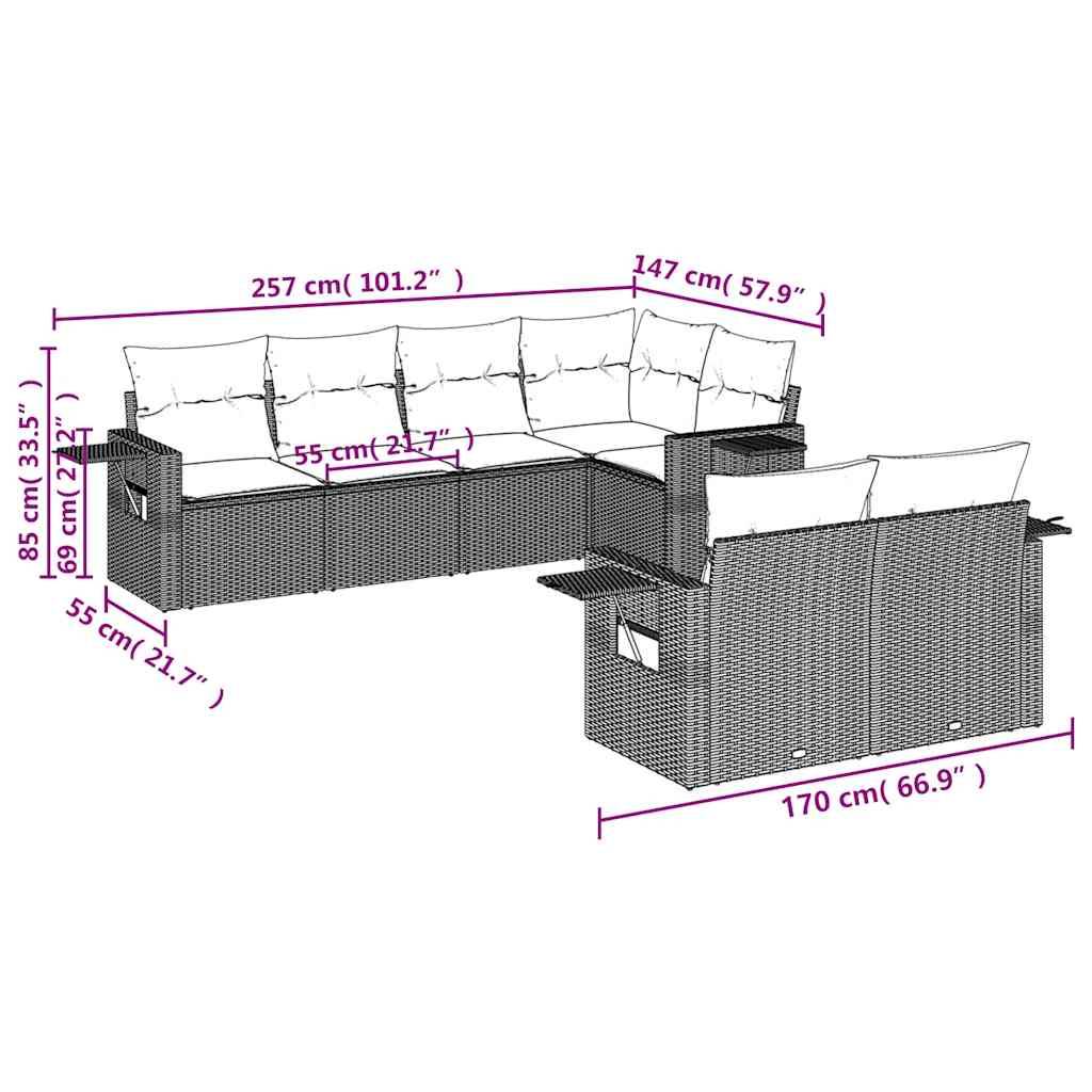 vidaXL 7-teiliges Gartensofa-Set mit Kissen, grau, Polyrattan