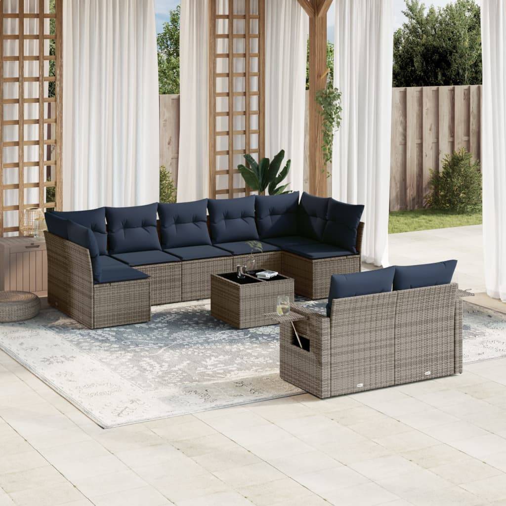 vidaXL 10-teiliges Gartensofa-Set mit Kissen, grau, Polyrattan