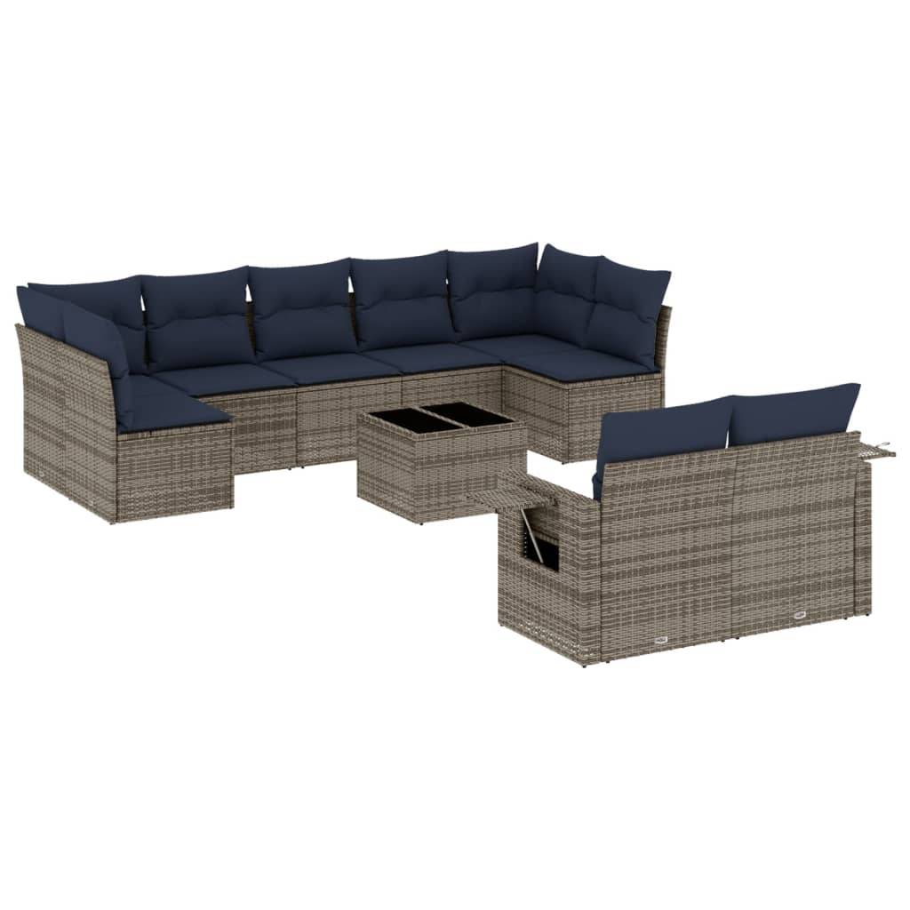 vidaXL 10-teiliges Gartensofa-Set mit Kissen, grau, Polyrattan