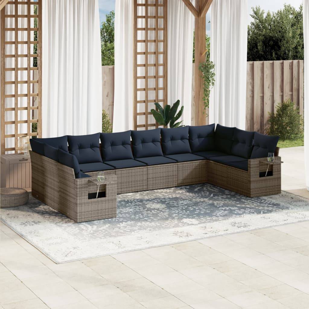 vidaXL 10-teiliges Gartensofa-Set mit Kissen, grau, Polyrattan