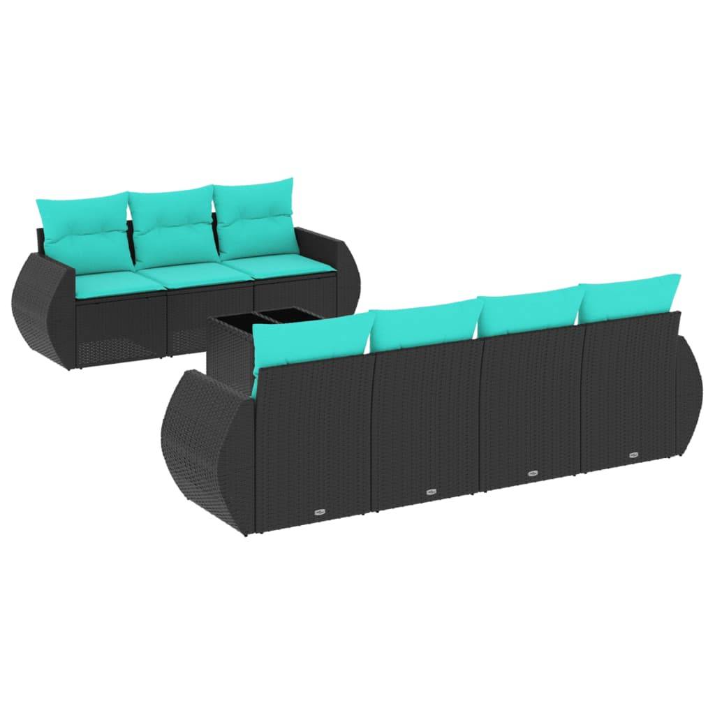 vidaXL 8-teiliges Gartensofa-Set mit Kissen, schwarzes Polyrattan