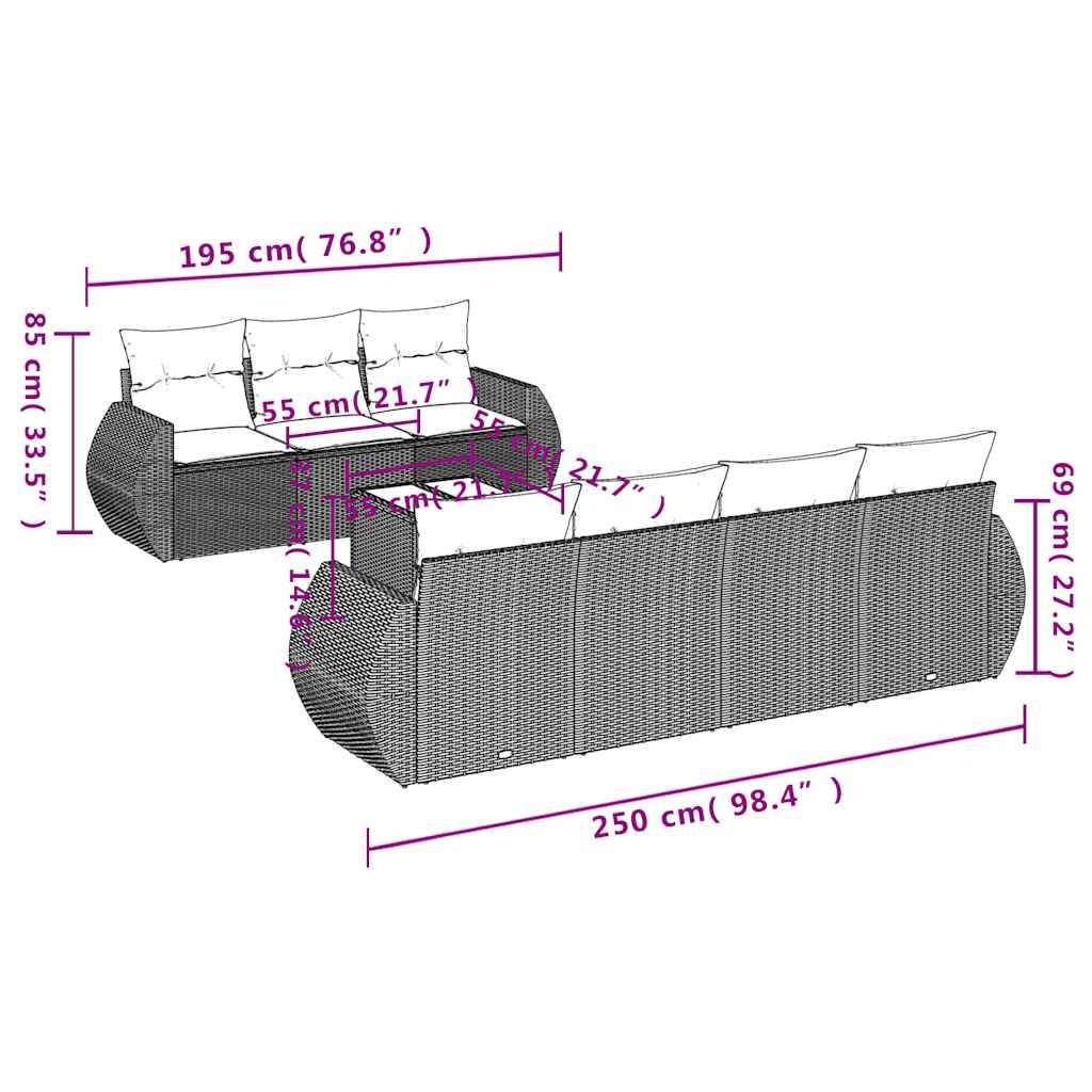 vidaXL 8-teiliges Gartensofa-Set mit Kissen, grau, Polyrattan
