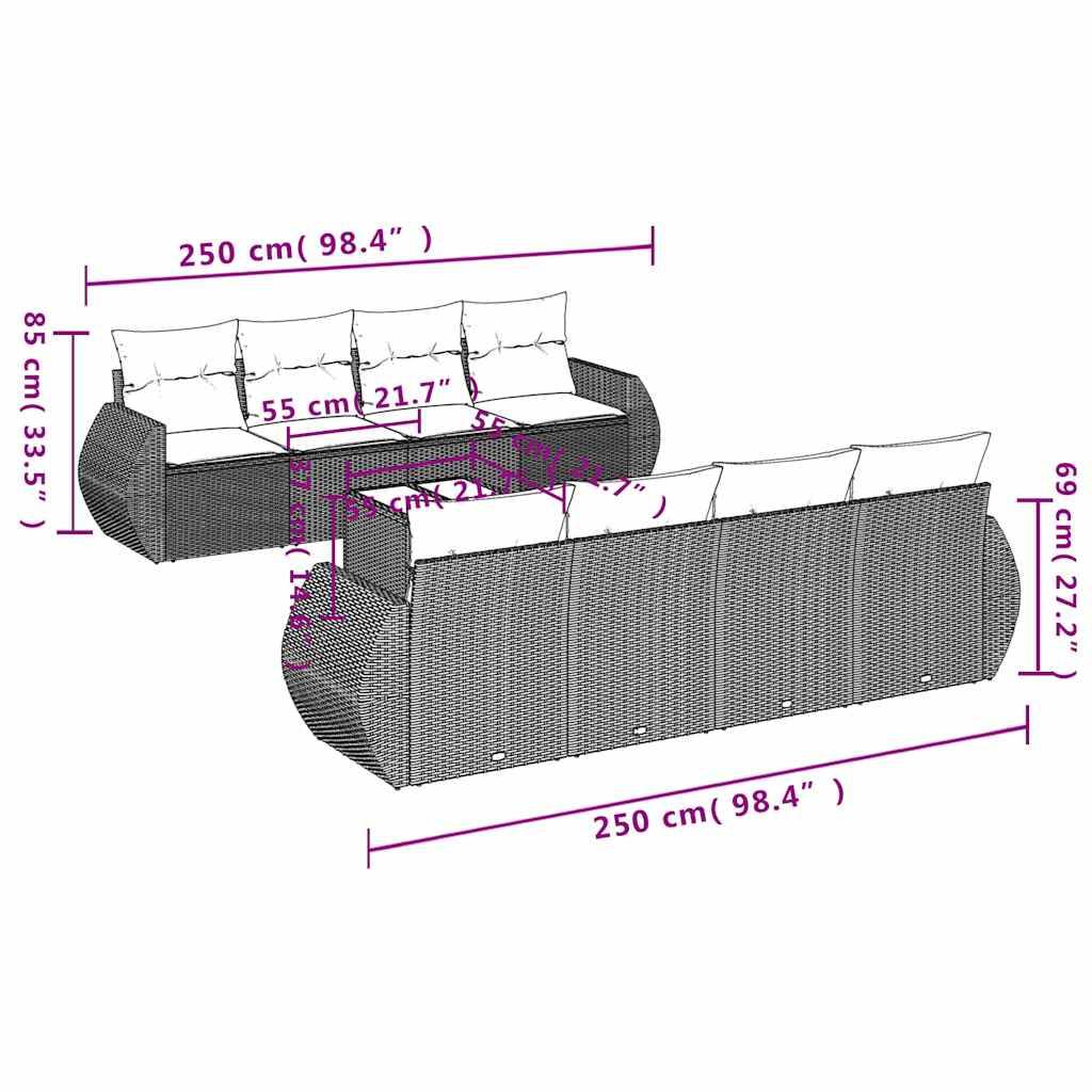 vidaXL 9-teiliges Gartensofa-Set mit Kissen, braun, Polyrattan