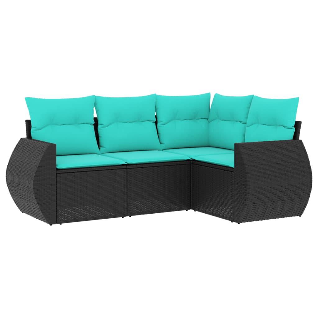 vidaXL 4-teiliges Gartensofa-Set mit Kissen, schwarzes Polyrattan